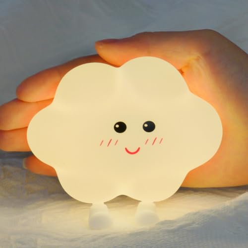 HOTUT Luz Nocturna Infantil, Kawaii Lampara Bebe Noche, Lampara Quitamiedos Infantil Recargable por USB, Silicona 100% Segura, Portátil Luz de Noche 3 Brillo luz Ajustables Regalo Para Niños (Nube)