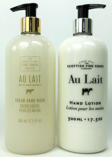 Scottish Fine Soaps Au Lait Milk Hand Lotion and Milk and Honey Hand Wash Set, Large 17.5 oz Dispensers