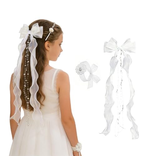 Haarschmuck Kommunion Mädchen Weiße Schleife mit Perlen und Organza-Bändern Kopfschmuck Erstkommunion Blumenmädchen Haarband für Hochzeit Geburtstag Festtag