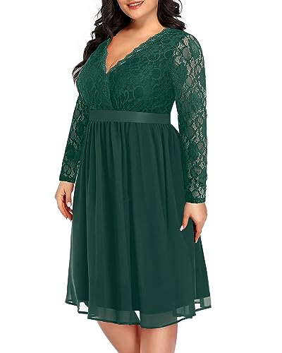 Image of Pinup Fashion Plus Size Lace Chiffon Wrap V Neck Dresses Women Cocktail Wedding Guest Midi Dress