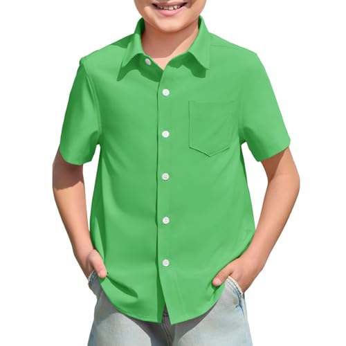 Camisas de manga corta para niños, camisa de solapa, camisa de solapa, ligera, ligera, para el tiempo libre, unisex, suave, monocolor, blusa básica, cómoda, para el día a día, verde, 9-10 años