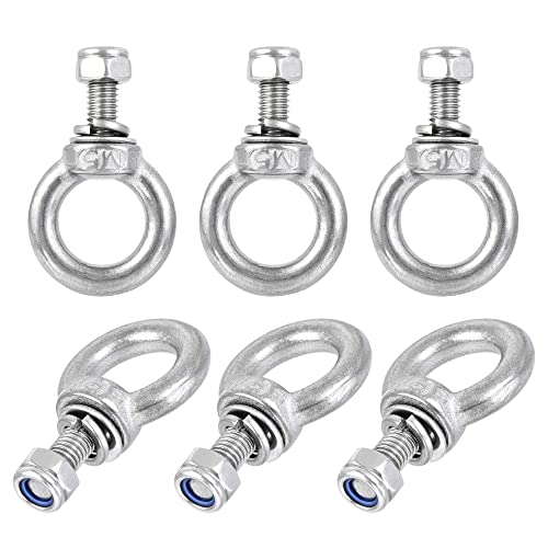 Image of uxcell Lifting Eye Bolt M5 x 12.5mm Male Thread with Hex Screw Nut Gasket Flat Washer for Hanging Securing Chain Wire Rope, 304 Stainless Steel, 6 Sets