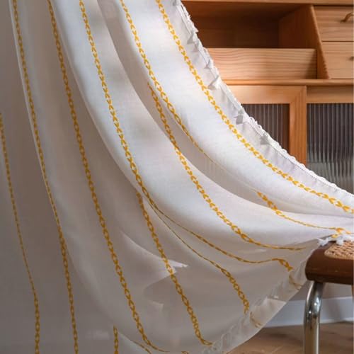 Homxi Curtains Semi Blackout 2 Panel Set,2 x 52W x 36H inch,Window Curtains Yellow White for Restaurant Stripes Embroidery with Tassels Eyelet Curtain
