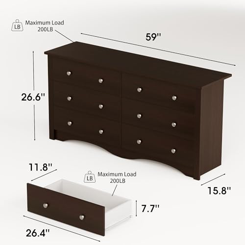 Furniwell 6 Drawer Dresser for Bedroom, Wood Dresser Wide Storage Organizer for Living Room Hallway Closets (Black) - Thumbnail 3