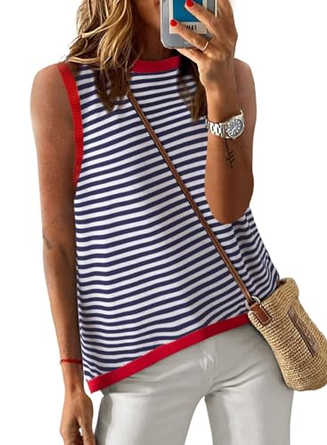 Image of Dokotoo Womens Summer Tops 2026 Casual Striped Color Block High Neck Tank Top Loose Knit High Low Sleeveless Shirts Blouses