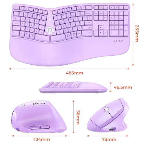 Image of MEETION Wireless Ergonomic Split Keyboard Vertical Mouse Combo, Full Size Rechargeable Keyboard with Wrist Rest for Windows Mac Laptop Desktop, Purple