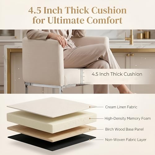 Image of HNY Modern Counter Height Linen Cream Fabric Upholstered Counter Stools Set of 3, 24 Inch Kitchen Island Stool with Chrome Finish Metal Frame