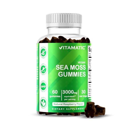 Vitamatic Irish Sea Moss Gummies – 3000mg Equivalent Per Serving – 60 Ct Made with Bladderwrack & Burdock Root – Seamoss Supplement for Thyroid, Energy & Immune Support