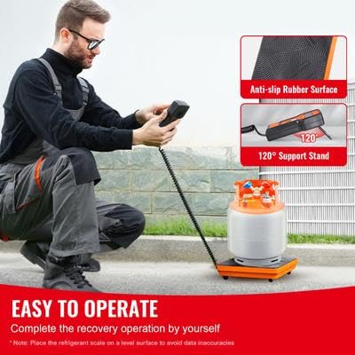 Person using Happybuy Refrigerant Scale, showing anti-slip surface and remote stand