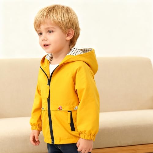 IBTOM CASTLE Toddler Boys Windbreaker Casual Outerwear Kids Zip Up Trench Long Sleeve Lightweight Hooded Jacket Baby Cute Dust Coat Spring Autumn Fall Clothes Yellow 3-4T