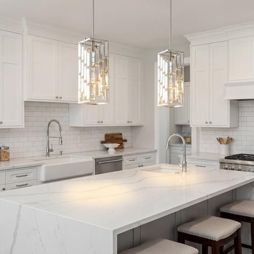 Image of Brushed Nickel Pendant Lighting Modern Pendant Light, Mini Crystal Chandeliers, Adjustable Pendant Light Fixture for Kitchen Island Dinning Room Bedroom (2 Pack)