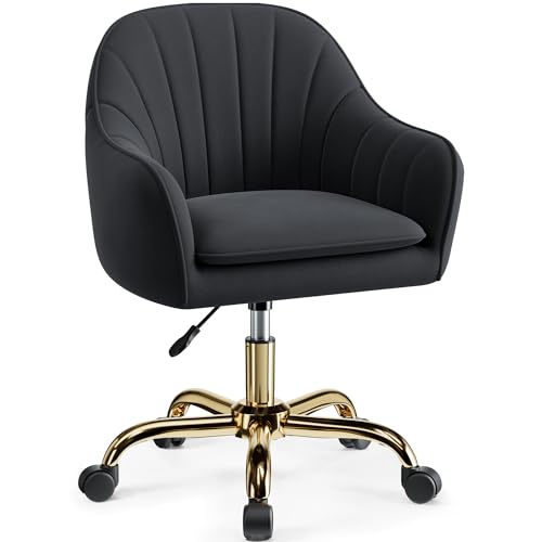 Image of Vanity Chair with Wheels, Comfy Home Office Desk Chairs Adjustable Modern Velvet Makeup Vanity Chairs for Bedroom Living Room-Black