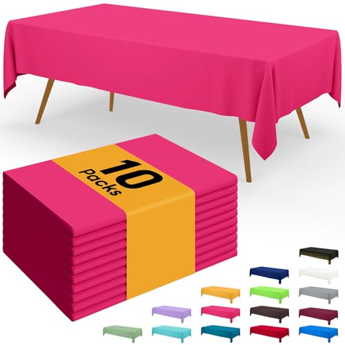 Image of Smiry Disposable Table Cloth - 10 Pack, 54 x 108 Inch Waterproof Rectangle Tablecloths for Parties, Decorative Plastic Table Cover, Leakproof & Sturdy, Hot Pink