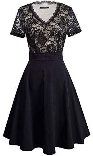 Image of HOMEYEE Women's Chic V-Neck Lace Patchwork Flare Party Dress A062