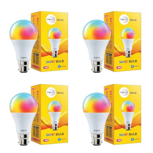 Image of wipro 9W Bluetooth Enabled Smart Bulb B22 | 16 million Colours | White Tunable (Warm, Neutral & Cool White) | Dimmable | App-Control | Music Sync | Schedule & Scenes | Pack of 4
