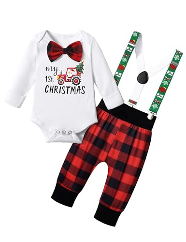 Image of KANGKANG Baby Boy Christmas Outfit My First Christmas Ever Gentleman White Rompers + Suspender Pants 2Pcs Christmas Set