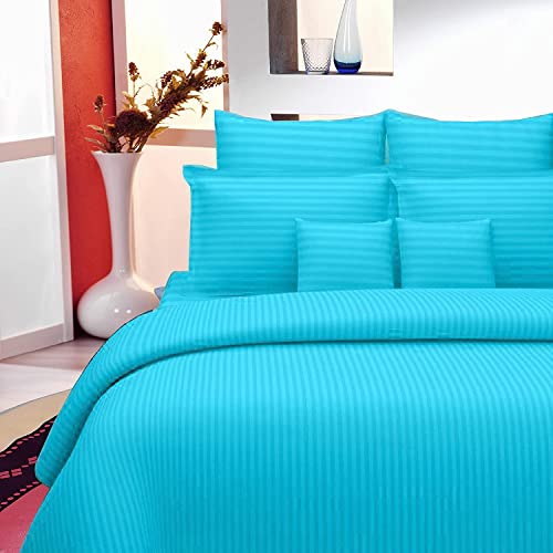 Image of 300 TC Glace Cotton Plain Stripe Queen Size Single Bedsheet with 1 Pillow Cover for Home, Hotel, Guest Room (60 X 90) Inch Blue Pack 1