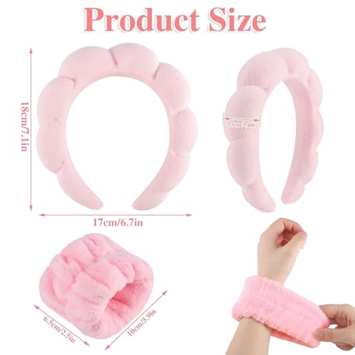 Image of 1Pcs Facial Spa Headband 2Pcs Wristband Combo Set, Pink Makeup Headband and Wrist Washband Set for Face Washing, Skincare, Shower, Makeup Removal