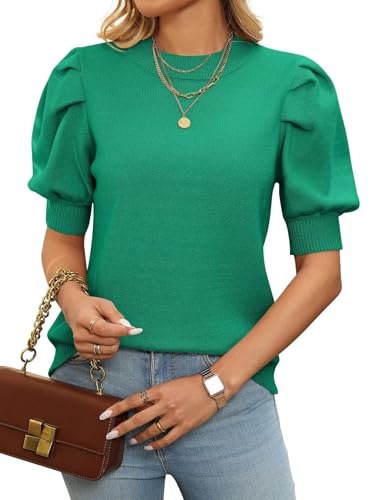 Image of Ahtyeo Women's Puff Short Sleeve Sweater Tops 2025 Spring Summer Trendy Crew Neck Casual T Shirts Pullover Blouses