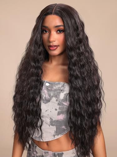 GORGIUS Glueless Water Wave Lace Front Wig Pre Plucked Pre Cut Long Black Synthetic Wig Natural Hairline 32 Inch