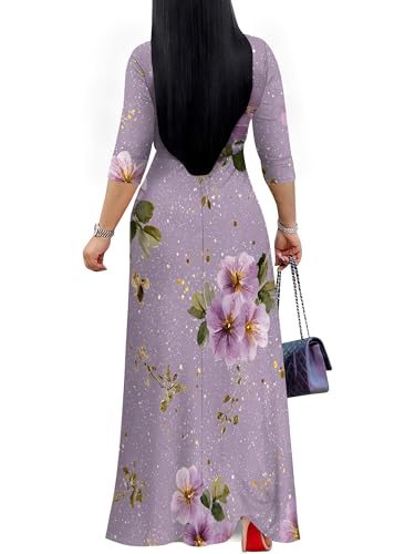 Image of SUZONANA Plus Size Dresses for Women Floral Print Maxi Dress Flowy 3 /4 Sleeve with Belt