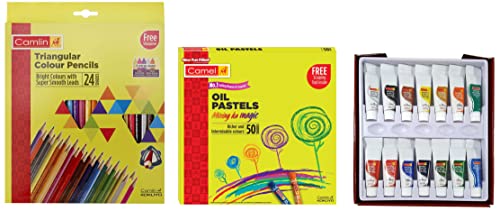 Image of Camel Oil Pastel (50 Shades) & Artist 40ml Acrylic Color Shade - 12 Shades & Colour Pencil Set with Sharpener - Pack of 24 (Multicolour)
