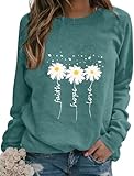 EADINVE Women Crewneck Daisy Print Long Sleeve Sweatshirts Faith-Hope-Love Graphic Tops Casual Loose Fit Pullover Shirts Lake Blue