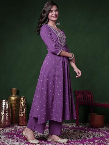 Image of PARTHVI Women's 100% Pure Cotton Anarkali Kurta Set with Pant & Dupatta | Embroidered Flared Kurta | Elegant Ethnic Suit