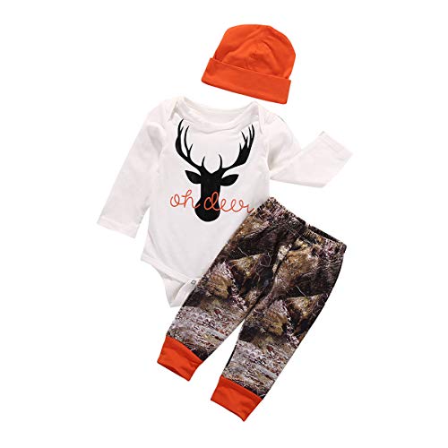 Newborn Baby Boys Clothes Cowboy Long Sleeve Letters Deer Romper Bodysuit+Long Pants+Hat Outfit 3Pcs Set 0-18M (3-6 Months, White-Deer)