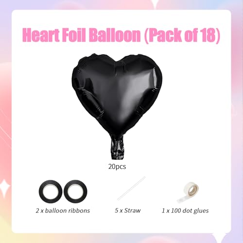 Image of 20pcs Black Heart Balloons, 18 Inch Foil Heart Shape Love Mylar Balloons for Birthday Wedding Valentine's Day Party Decorations (Black)