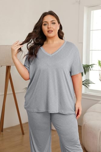 Image of Vozanet Women's Plus Size Pajama Sets Short Sleeve Long Pants Solid Color with Piping Trim Elegant Loungewear Cozy Sleepwear