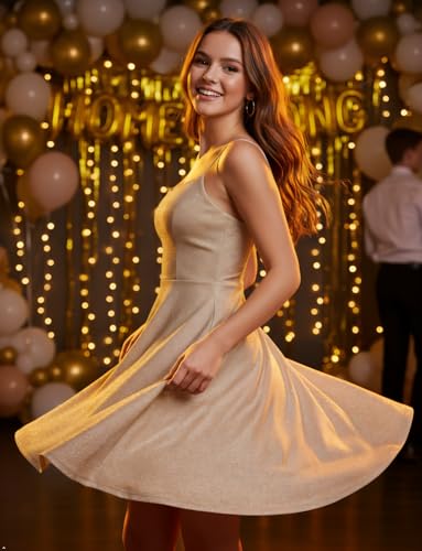 Image of Bbonlinedress Spaghetti Straps Sparkly Homecoming Dress Fit and Flare Glitter Mini Swing Semi Formal Prom Party Club Dress
