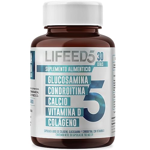 Colágeno, LIFEED 30 Cápsulas de Glucosamina y Condroitina | Colageno Hidrolizado, Calcio y Vitamina D | Suplementos Alimenticios con Vitamina para Articulaciones,...