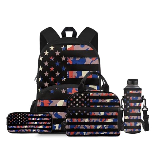 Camo American Flag Backpack for Kids Boys Backpack with Lunch Box Water Bottle Pouch and Zippered Pencil Case 4Pcs Set 15