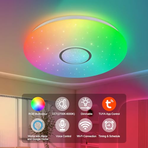 HARPER LIVING LED Smart Flush Mount Light, Wi-Fi RGB Ceiling Lamp, 1680 Lm, 24 Watts, Connect with Tuya, Works with Alexa and Google Home, Color and Brightness Options - Image 5