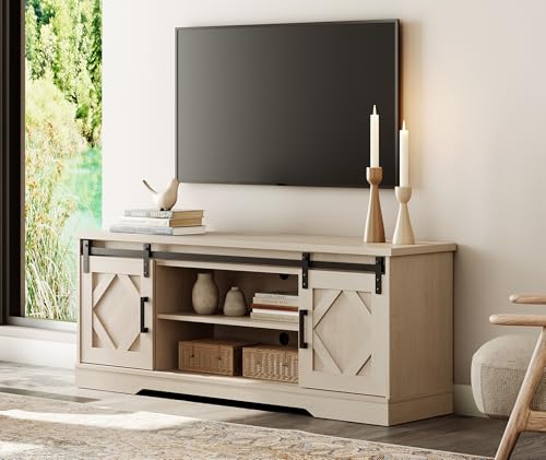 Image of WAMPAT Farmhouse Style TV Stand for 55-65 inch TV w /Distressed Wood Finish