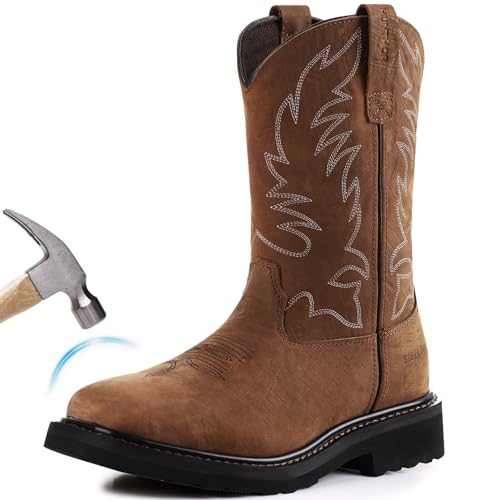 Men's Cowboy Work Boots, Square Steel Toe EVA Mid-Sole with GoodyearWelt Leather Anti Slip Western Men's Brown Boots for Manufacturing, Construction, Farming, Size 7-14 Light Brown 7