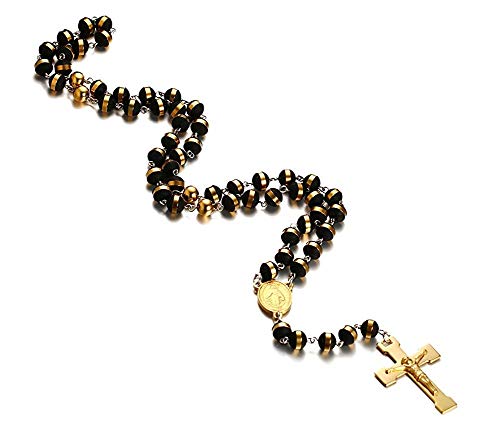 Christian Catholic Black Gold Stainless Steel Beads Crucifix Religious Long Rosary Necklace Easter Day Gifts