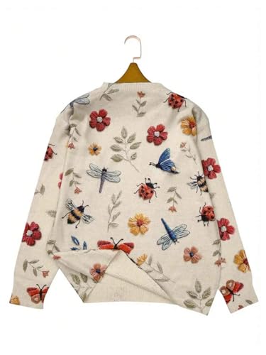 GORGLITTER Women's Floral Flower Fall Sweaters 2025 Butterfly Embroidered Long Sleeve Cable Knit Knitwear2