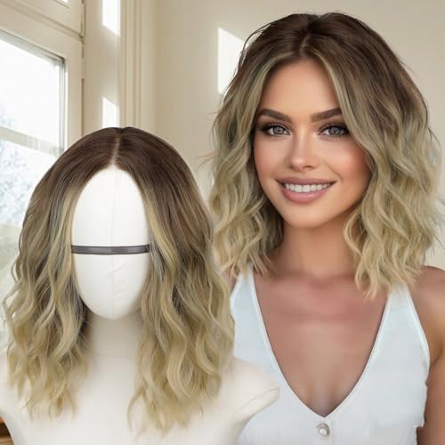 AISI HAIR 14 Inch Ombre Blonde Wigs for Women - Shoulder Length Wave Wig with Pre-Cut Lace Hairline Middle Part Natural Wavy Bob Synthetic Heat Resistant Fiber for Daily and Party