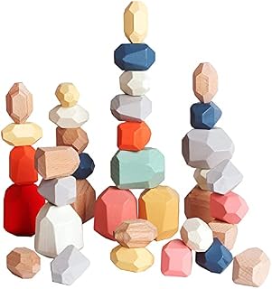 Jetcloud Wooden Stone Balancing Blocks, 36Pcs Natural Colored Wood Balancing Block Wood Rock Set Balancing and Sorting Activity Educational Toys Kit for Kids Boys Girls Home Ornament