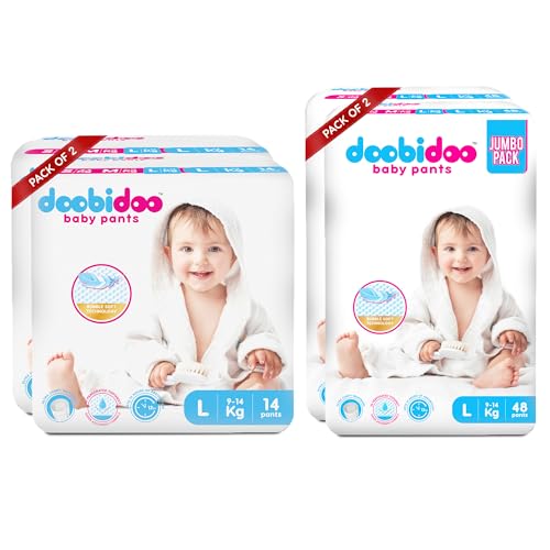 Image of Doobidoo Baby Pants Diapers- L Size (124 Count) - All Round Softness with Bubble soft topsheet and anti leak side cuffs (9-14 kgs)
