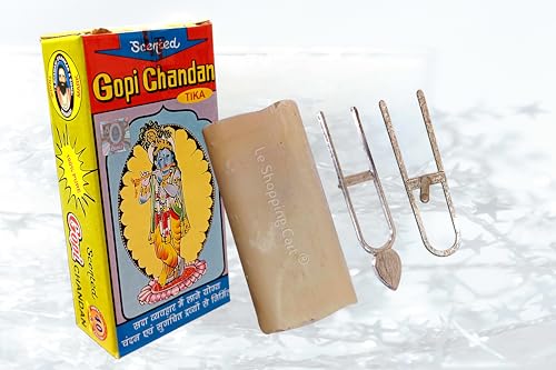 Image of Natural Gopi Chandan Tika (140gm) with Tulsi Patta & U Shape Tilak Stamp Vaishnav Tilak Stamp