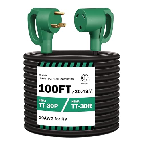 STRIGHT 100FT RV Extension Cord 30 Amp RV Power Extension Cord NEMA TT-30P Male to TT-30R Female Heavy Duty 10 AWG STW 3-Wire for RV Trailer Campers 125V 3750W ETL Listed (100FT 30AMP) Green Plug