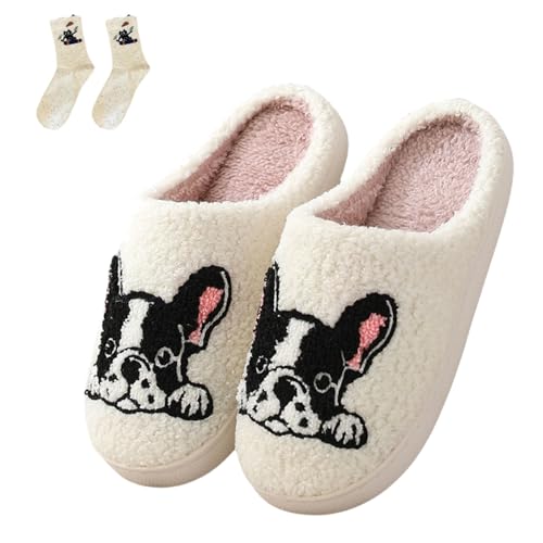 Pantofole a forma di bassotto, a forma di carlino, in peluche, calde, antiscivolo, divertenti, per uomini e donne, Bulldog francese bianco, 40.5/41 EU