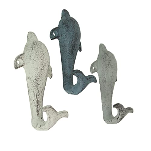Zeckos Set of 3 Dolphin Wall Hooks, 5.25 Inch Distressed Cast Iron