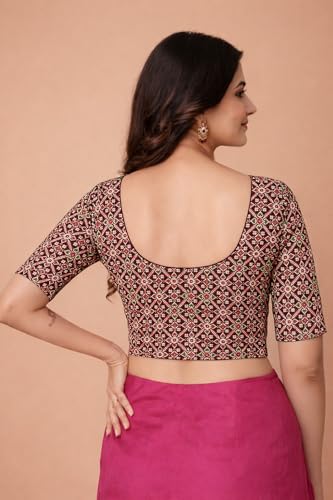 Image of Amazon Brand - Anarva Women's Kalamkari Print Cotton Stretchable Round Neck Readymade Saree Blouse