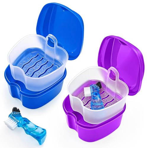 Estojo de banho para dentadura com escova dentadura com dentes falsos dentários com escova, estojo de limpeza para dentadura copo de banho armazenamento de dentes falsos estojo de viagem com coador - roxo e azul escuro