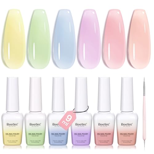 Image of Beetles Fruity Milk Jelly Gel Nail Polish Set - 6 Colors Spring Pastel Gel Polish Kit Pink Purple Blue Peach Nude Green Yellow Sheer Translucent Effect Soak Off UV Nail Art Manicure Gift for Women