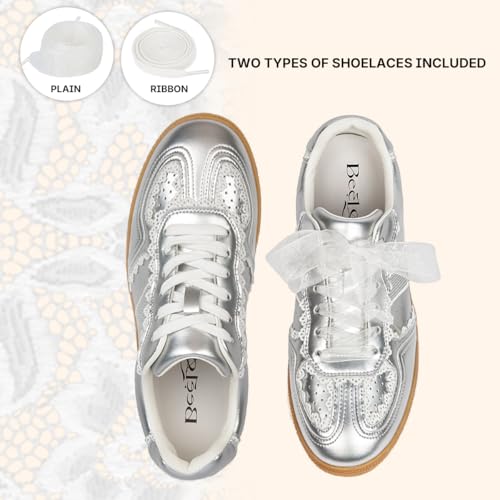 Image of Casual Sneakers for Women Lace Detail Elegant Ribbon Lace-Up Fashion Sneakers with Leather Upper Memory Foam Insole and Trendy Casual Shoes for Women